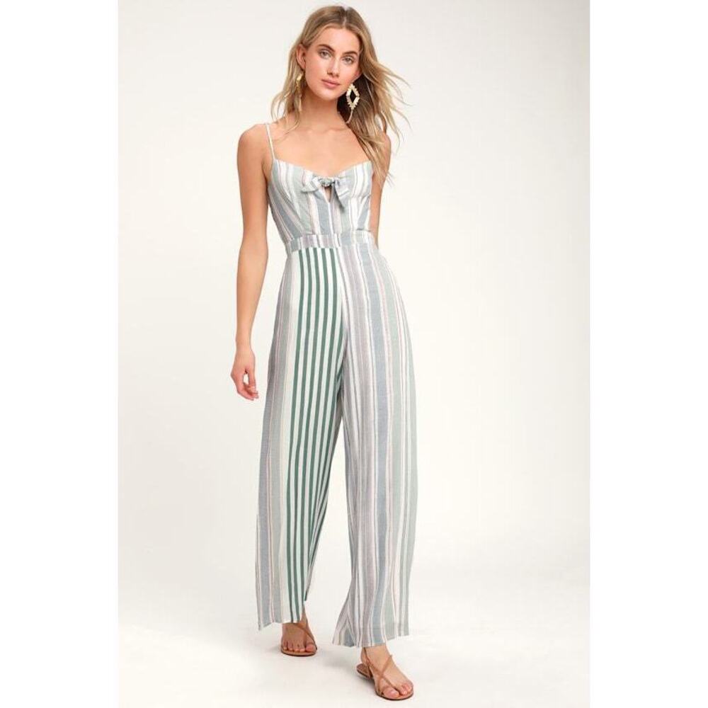 Lulus Promise Sage Green Striped Knotted Front Jumpsuit - Size XS